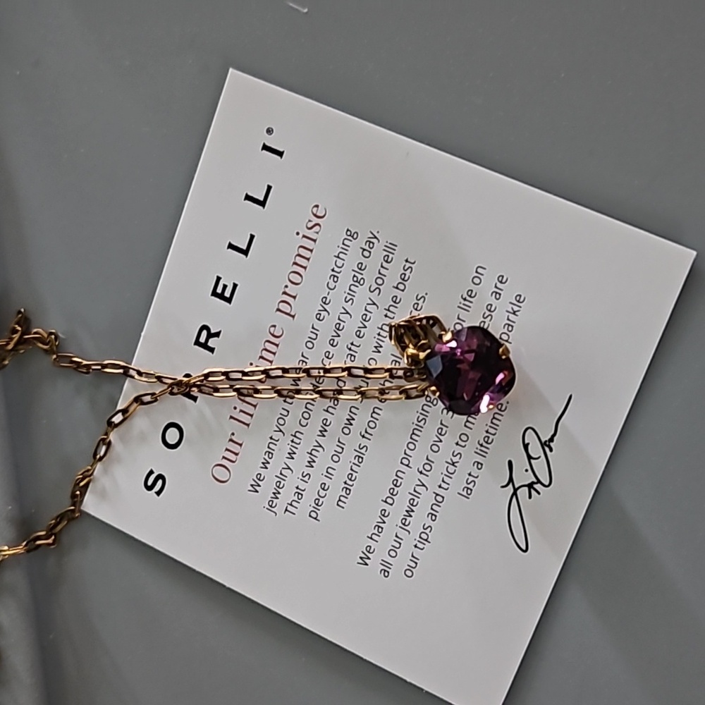 SORRELLI Siren Cushion Cut Pendant Necklace Amethyst with Antique Gold Chain - Picture 2 of 9
